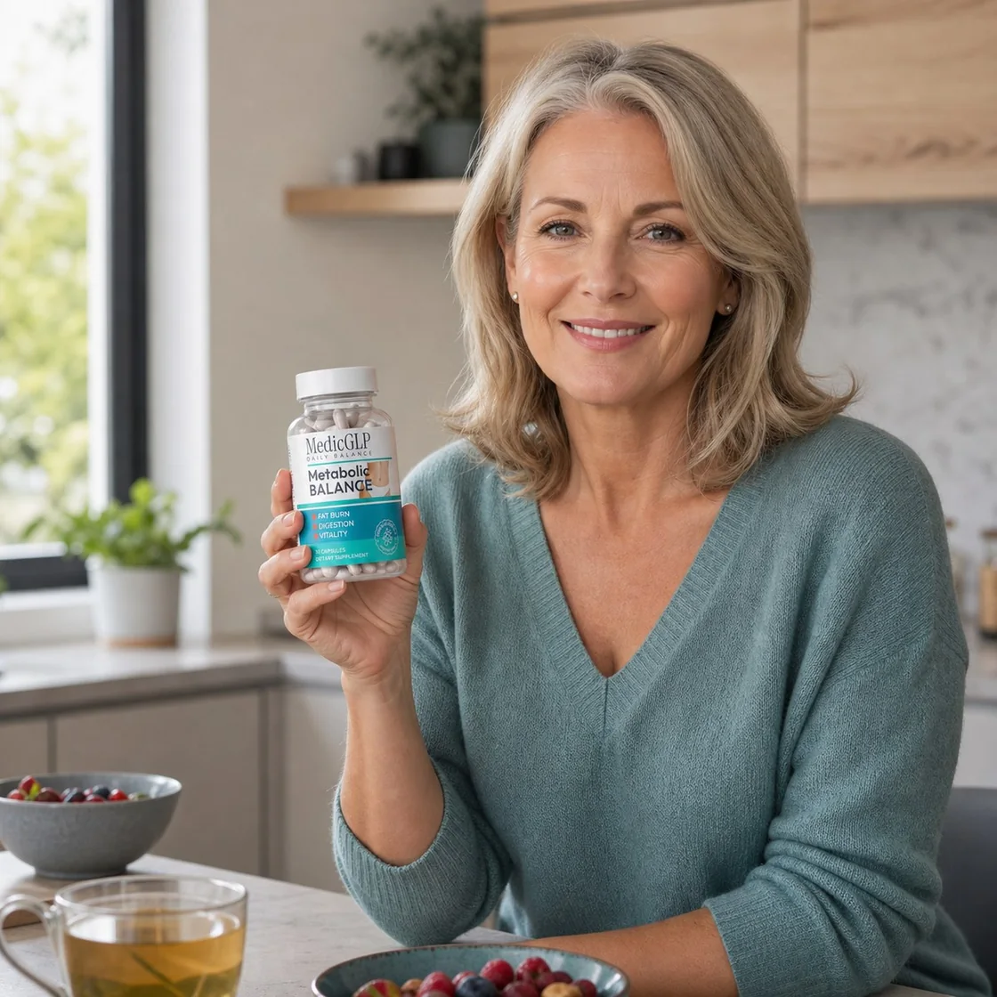 Frau hält eine Flasche MedicGLP in einer hellen Küche